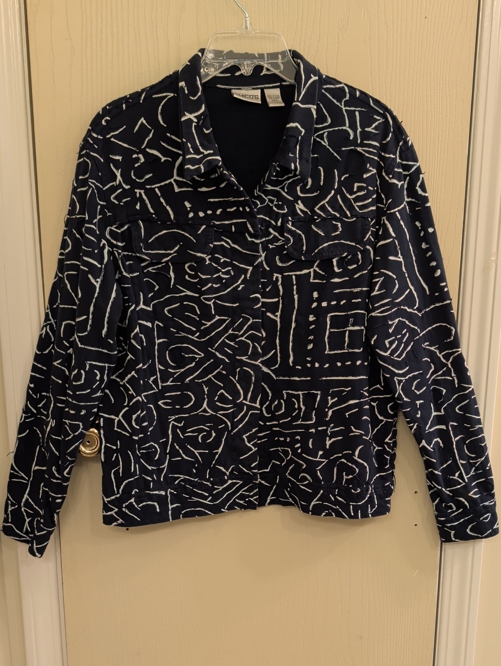 Chico's Navy & White Abstract Stretch Knit Jacket Size 2 (12/L)